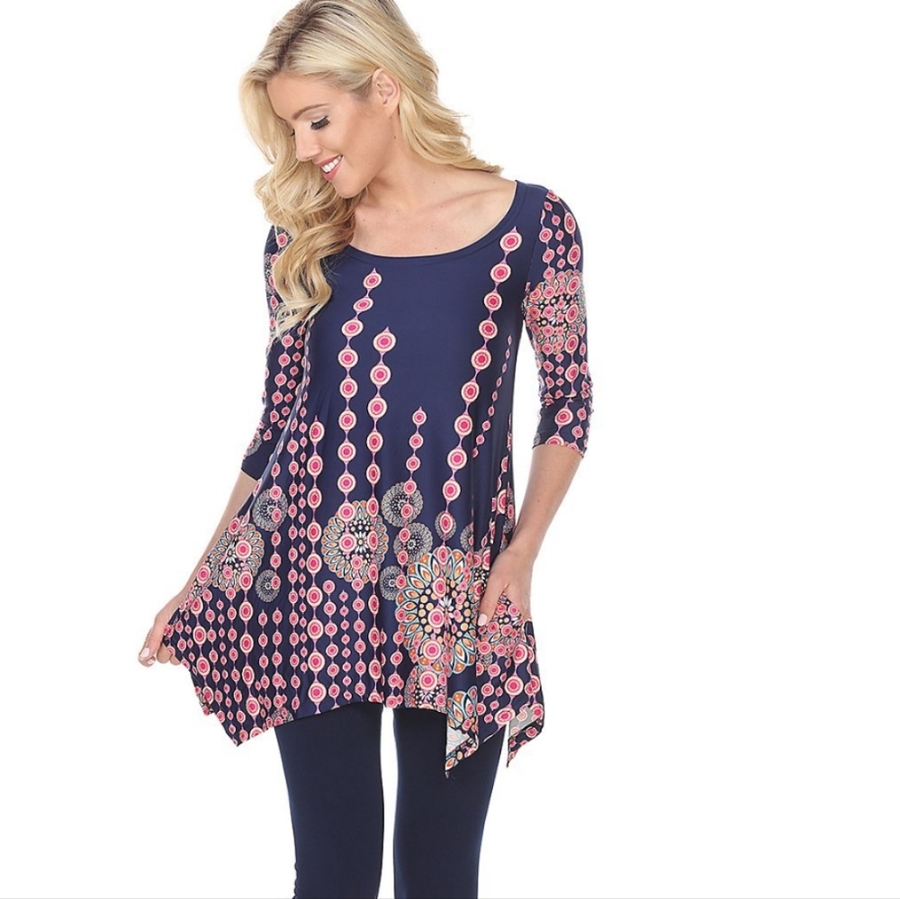 White Mark Women's Scroll Tunic Royal Dots Navy Pink Size 3X NWOT W-372